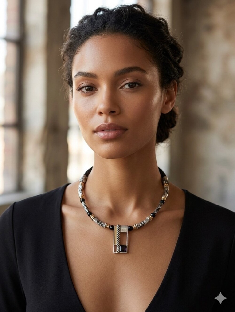 Chico's Black Leather / Beads Sliver and Gold Geometric Pendant Necklace